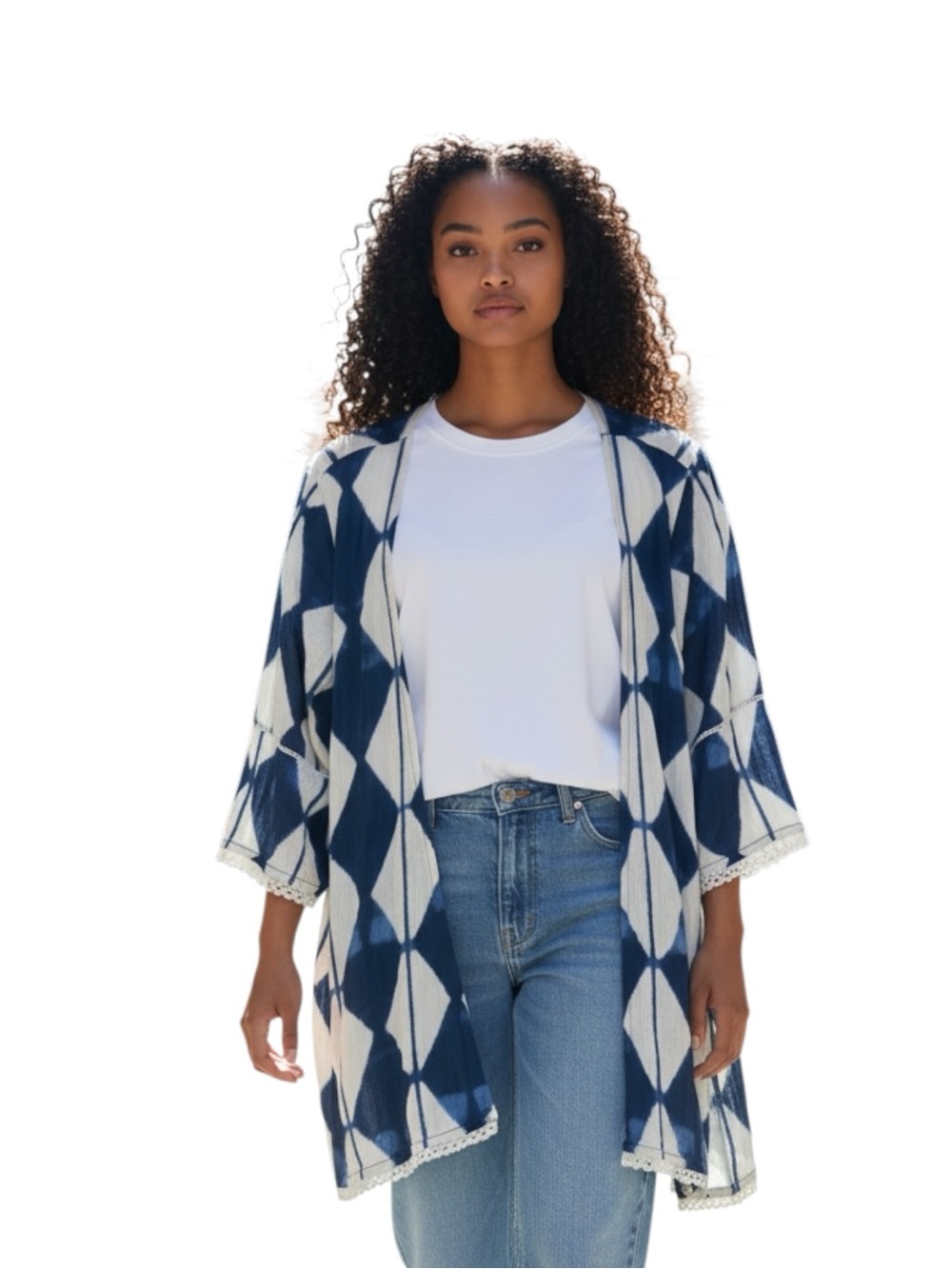Max Blue & White Geometric Open Front Rayon Kimono Size S
